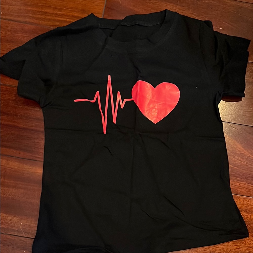 Black T-Shirt with Red Heartbeat Design Nwot